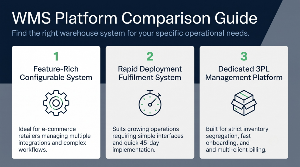 Wms platform comparison guide | clarus wms A three-column infographic comparing warehouse management systems, featuring options for a feature-rich configurable system, a rapid deployment fulfillment system, and a dedicated 3pl management platform.